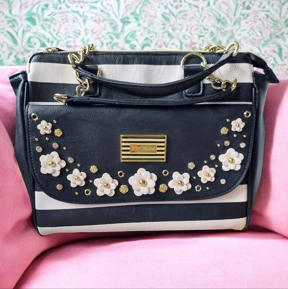 Betsey Johnson Black Cream & Gold Floral Handbag
